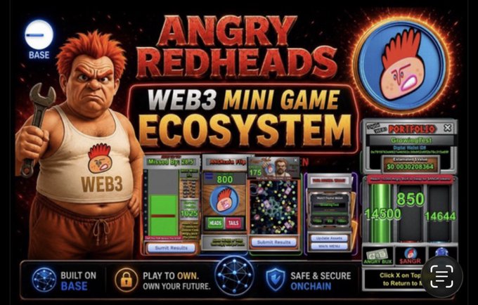 Promotional banner for 'ANGRY REDHEADS WEB3 MINI GAME ECOSYSTEM' built on BASE, with a red-haired character holding a wrench and screenshots of the gameplay interface.