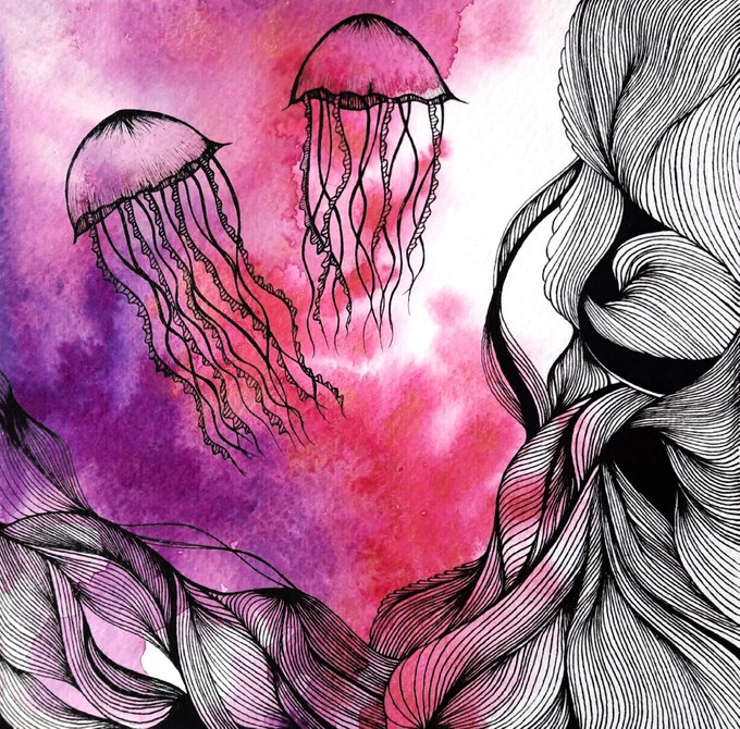 An artistic illustration of two jellyfish with pink and purple watercolor backgrounds, combined with intricate black line drawings of flowing hair or fabric on the right side.