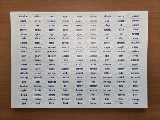 A sheet of white bubble-shaped word stickers on a wooden surface, featuring alphabetized vocabulary words starting with "A" and "B," such as abandon, ability, able, axis, and bird.