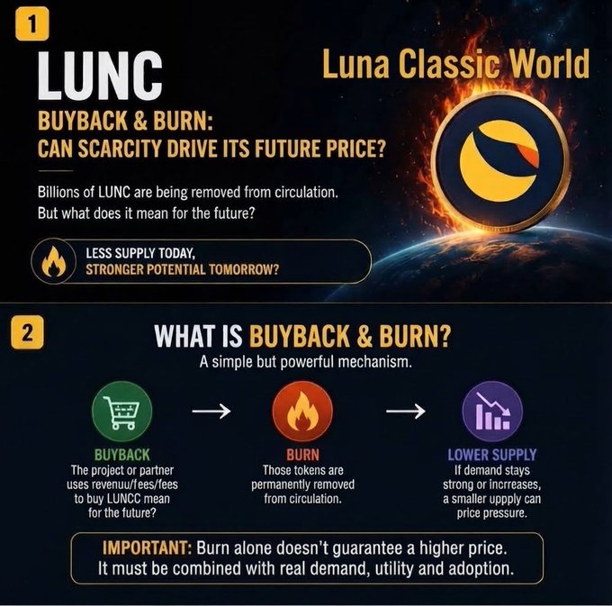 An infographic titled 'LUNC - Luna Classic World: BUYBACK & BURN: CAN SCARCITY DRIVE ITS FUTURE PRICE?' explaining the buyback and burn mechanism with icons for shopping cart, fire, and supply chart.