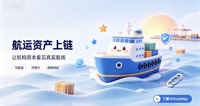 A Chinese-language promotional graphic for 'EthraShip' shipping asset tokenization, featuring a cute cartoon cargo ship on the ocean with the text '航运资产上链' (Shipping assets on-chain).