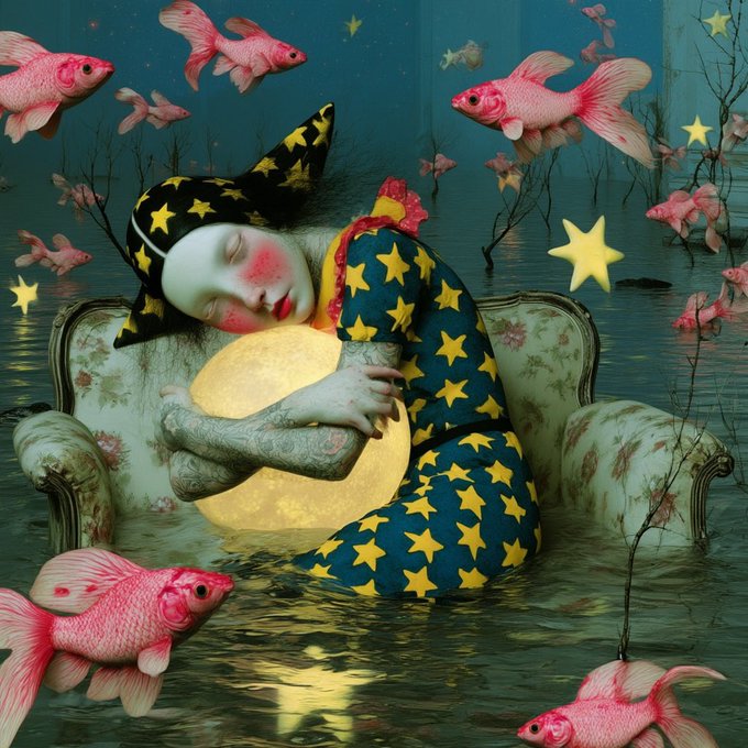 Surreal artwork featuring a person in a star-patterned outfit and witch hat embracing a glowing moon, surrounded by floating pink goldfish in a watery, dreamlike setting.