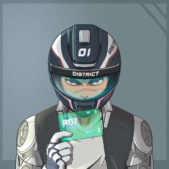 An anime-style illustration of a character wearing a black, white, and red helmet labeled 'DISTRICT' and '01', holding a glowing green holographic card displaying 'R07'.