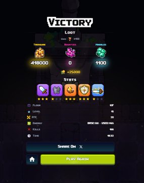A mobile game victory screen displays a "VICTORY" banner with "LOOT" rewards including 418000 coins, 1100 emeralds, and 1100 diamonds, along with stats showing 15 Lives and 1100 score. The post celebrates a high-value greedy run with a $100 bounty and mentions a player named @01xLuther winning $400, contrasting the in-game currency earnings with real-world crypto prizes.