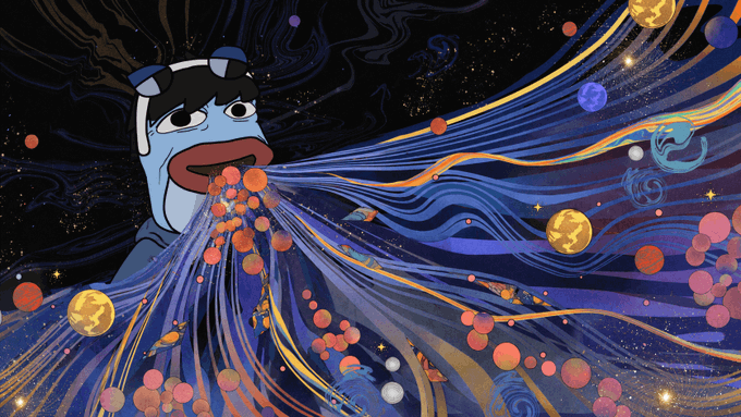 The image features a cartoon character, possibly a frog or a dog, blowing bubbles of different colors such as orange, yellow, green, blue, and pink. These bubbles are floating around the character's mouth, creating an interesting visual effect. The bubbles appear to be floating in front of the character, giving the impression that they are coming out of their mouth. The image also includes a caption that reads "Focus on what is in the image and how it relates to the post."