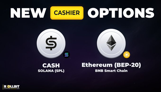 An advertisement showing 'NEW CASHIER OPTIONS' from Rollbit, displaying two payment methods: 'CASH' (Solana SPL) and 'Ethereum (BEP-20)' on BNB Smart Chain.