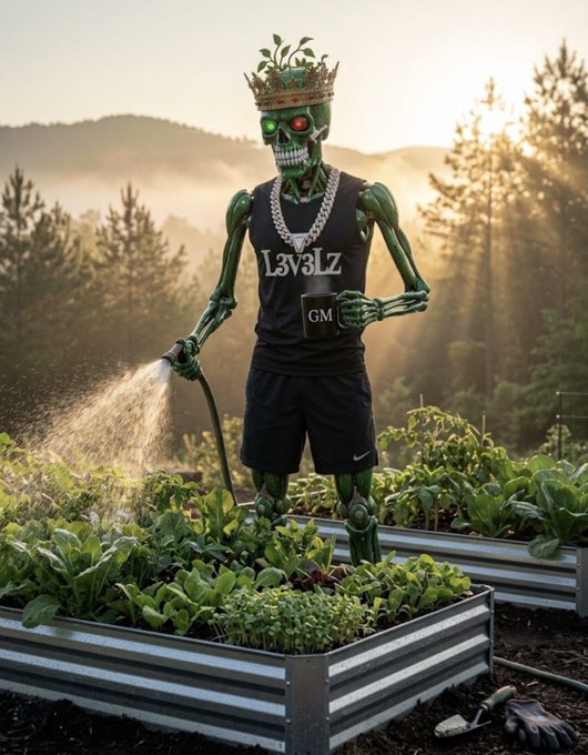 An AI-generated image of a green skeleton wearing a crown and a black 'L3V3LZ' jersey, holding a 'GM' mug and watering plants in a garden at sunrise.