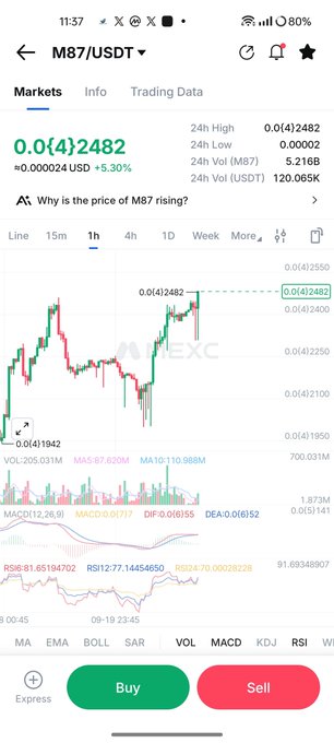 A mobile trading app screenshot shows the M87/USDT pair priced at 0.0(4)2482 USD, up 5.30%, with a candlestick chart and Buy/Sell buttons.