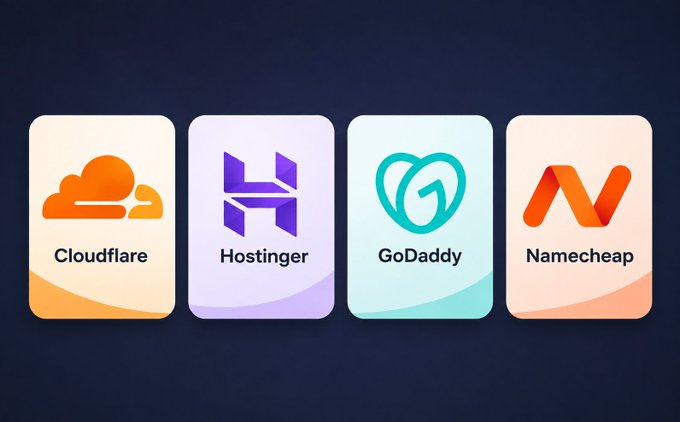 Four rounded rectangular cards displaying logos and names for web hosting services: Cloudflare, Hostinger, GoDaddy, and Namecheap.