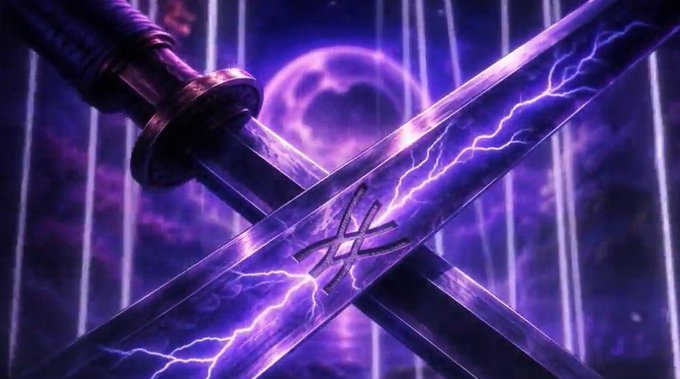 Two crossed katana blades crackle with purple lightning against a moonlit backdrop, with the Cardano (ADA) logo etched into one of the blades, visually evoking the legendary swordsman Miyamoto Musashi whose "Two Sword" (Niten Ichi-ryū) style inspires the name "Leios" for Cardano's scaling upgrade.