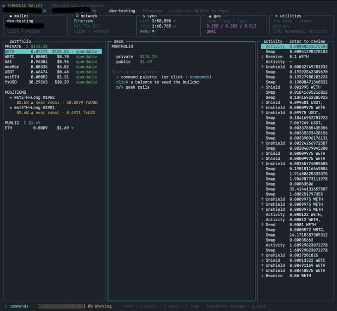 The image displays the Terminal Wallet CLI interface for a "dev-testing" wallet on the Ethereum network, showing a portfolio of $176.28 with holdings in ETH, WBTC, DAI, and other tokens alongside gas fees (0.258 gwei) and an activity log of swaps, shields, and receives. The interface highlights the wallet's privacy-focused features, aligning with the post's emphasis on RAILGUN integration, stealth addresses, and open-source CLI capabilities for private DeFi.