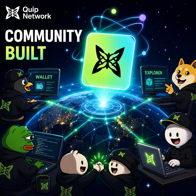 The image features a group of cartoon characters wearing hoodies with the words "quip network" written on them. They are gathered around laptops, which are placed on desks or tables. The main focus of the image is a large square-shaped logo that reads "community built". This logo is surrounded by various cartoon characters and their corresponding laptop screens, creating an interesting visual representation of the concept behind Quip Network's project.