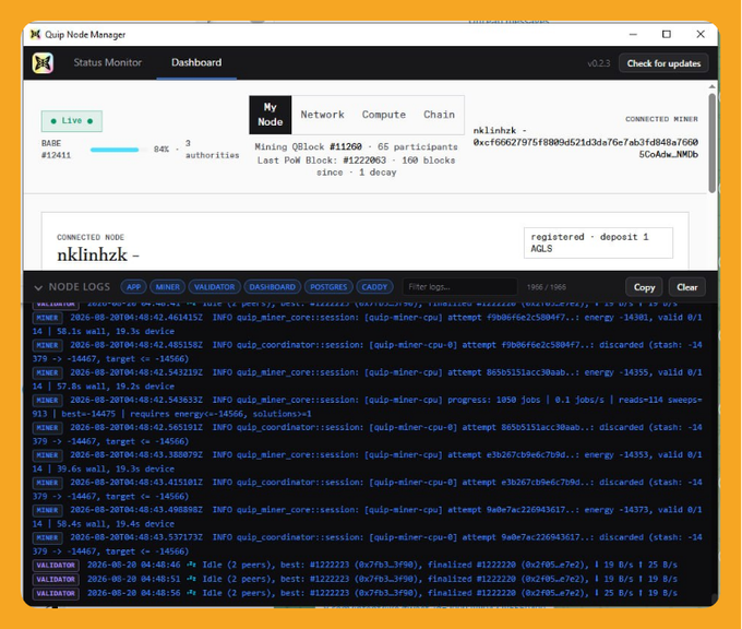 Screenshot of the Quip Node Manager Dashboard v0.2.3 showing mining statistics, node logs, and validator information with timestamps from August 20, 2026.