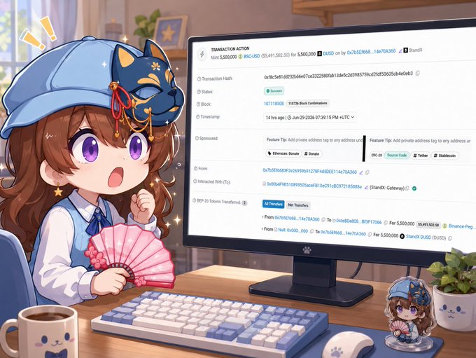 An anime-style character wearing a blue cap with a cat design sits at a desk holding a pink fan, looking surprised at a monitor displaying an Etherscan transaction page showing a 5,500,000 DUSD mint worth $500,000 at the StandX Gateway, with a small figurine of the same character and a panda mug on the desk.