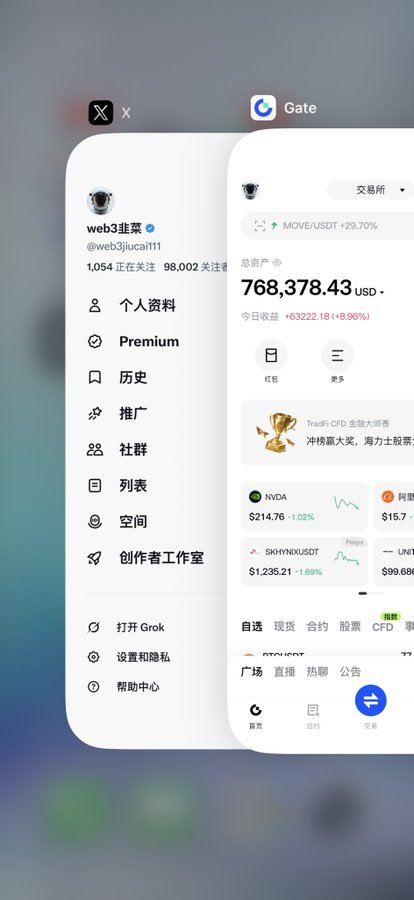Mobile app switcher view showing X (Twitter) profile of 'web3韭菜' and the Gate.io exchange app displaying total assets of 768,378.43 USD.