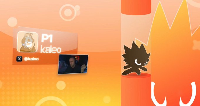 A gaming livestream scene with orange-toned graphics features a player profile labeled "P1 kaleo" with the X handle "@kaleo" and a small webcam feed showing the streamer. The playful design includes a spiky-haired cartoon avatar and flame-like decorations, tying into the post announcing an upcoming live trading showdown at Sui Basecamp against @Tradermayne, @MINHxDYNASTY, and @martypartymusic.