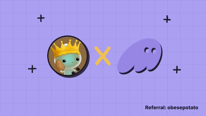 A purple grid graphic showing a character token with a crown next to an 'X' and a purple blob character, with 'Referral: obesepotato' at the bottom.