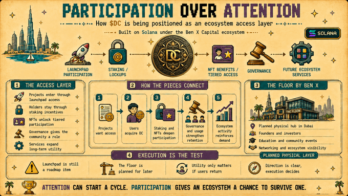 The image shows a flowchart depicting different stages of building a token, with the emphasis placed on turning the token into an access layer rather than solely focusing on attention or interest. The chart starts from "participation over attention" towards "Building an ecosystem layer". The text in the image suggests that this flowchart is related to "DC coin", which was built under the @benxchain and is now being developed by "Solana." This highlights how token design has evolved and shifted its focus toward utility and access rather than pure attention or interest.