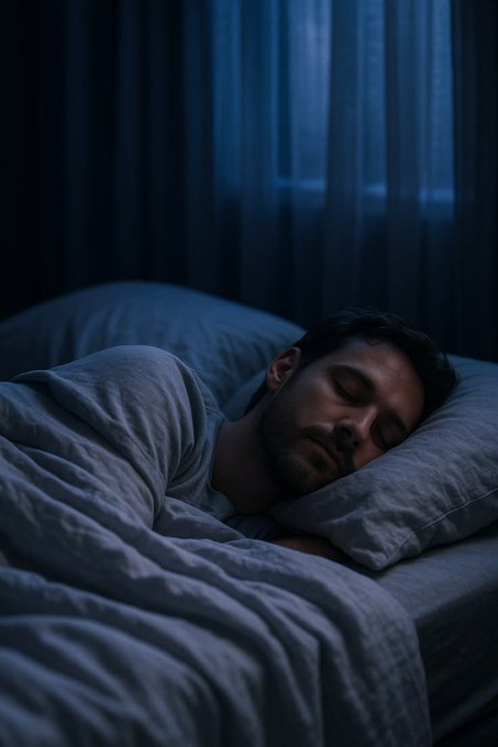 A man sleeps peacefully in a dimly lit bedroom, wrapped in gray bedding with his head resting on a pillow against sheer curtains. The image complements the post's wish for restful sleep by depicting a quiet, restful nighttime scene.