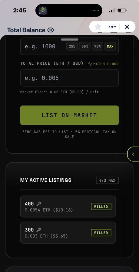 A mobile app screen titled 'Total Balance' showing a 'List on Market' interface for listing items with zero gas fees and a 5% protocol tax, along with a 'My Active Listings' section showing two filled listings at 0.0054 ETH ($10.16) and 0.003 ETH ($5.65).