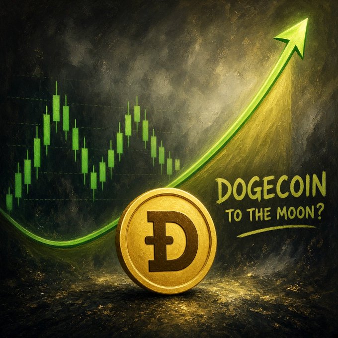 A stylized gold Dogecoin coin sits beneath a rising green candlestick chart and an upward arrow, with the text “DOGECOIN TO THE MOON?” The image reflects the $DOGE price surge from $0.069420 to $0.096420 in 69 hours.