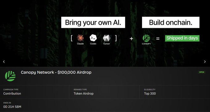A promotional graphic for the Canopy Network $100,000 token airdrop displays the tagline "Bring your own AI. Build onchain. Shipped in days" alongside logos for Claude, Codex, Cursor, and Canopy, with campaign details showing it ends in 0D 21H 58M and rewards the top 300 contributors—aligning with the post's urgency about 21 hours remaining in the final stretch.