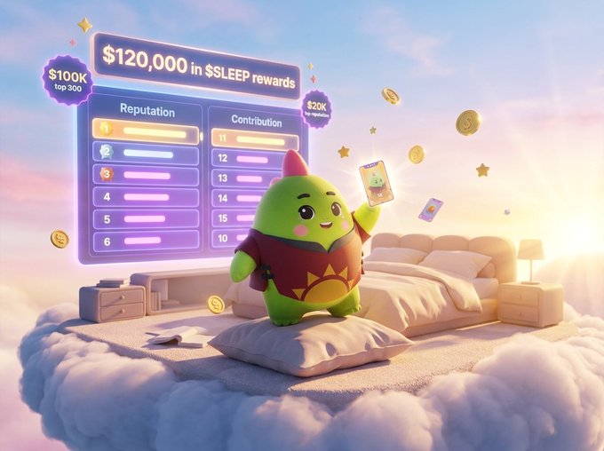 The image features a green character with a red hat standing on a bed next to pillows. The character appears to be holding a deck of cards or playing a card game, suggesting that they are engaged in some form of card-related activity. In the background, there is a poster for a creator leaderboard and a post about cryptocurrency, which might be related to the green character's activities on the bed.