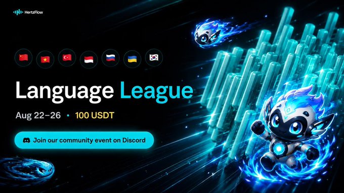 A promotional banner for the Hertzflow "Language League" Discord event running August 22-26, featuring a $100 USDT prize pool. The image displays flags of participating countries (including China, Turkey, Indonesia, Poland, Russia, Ukraine, and South Korea) alongside a futuristic blue robot mascot, with a call-to-action button inviting users to "Join our community event on Discord."
