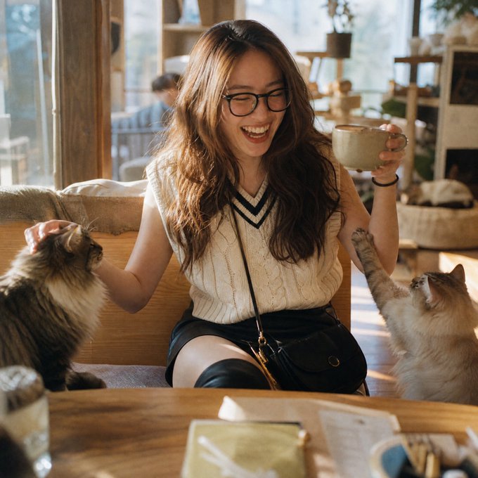 A young woman with long brown hair and glasses laughs joyfully while sitting at a wooden table in a sunlit café, holding a coffee cup as a fluffy cat on the left rests near her hand and another cat on the right playfully paws toward her. The warm, candid moment of morning coffee with cats mirrors the post's casual "GM" crypto check-in vibe, capturing the lighthearted "morning coffee and regret" spirit of reflecting on a failed market call.