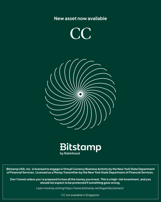 A Bitstamp by Robinhood advertisement announces a 'New asset now available' for 'CC' with a spiral graphic design and legal disclaimer text about the investment being high-risk.