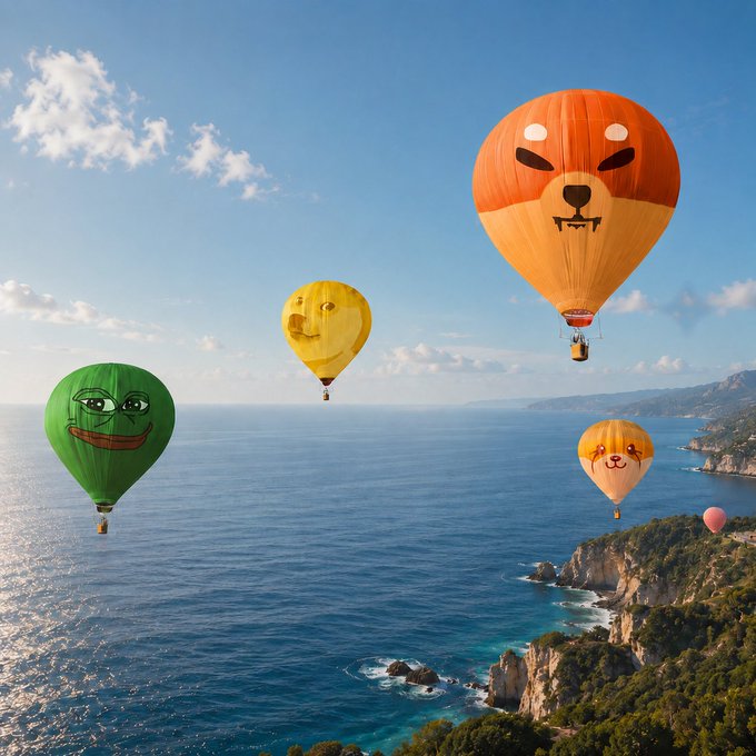 Four colorful hot air balloons shaped like emoji faces (an orange angry face, yellow heart eyes, green smirking face, and small orange face) flying over a coastal seascape with cliffs.
