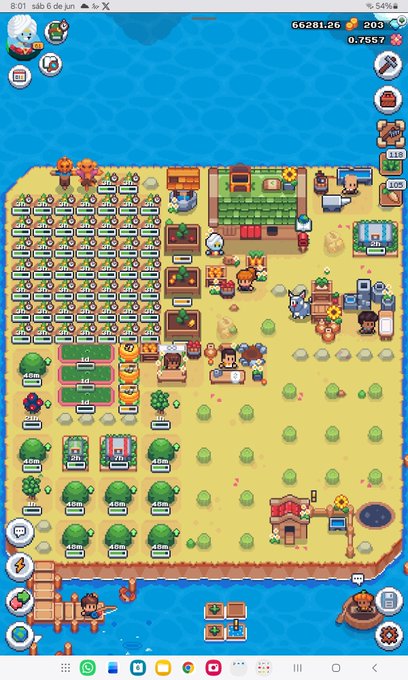 The image shows a game-themed poster with a focus on "Sábado lindo en Sunflower Land". The background of the poster features a blue ocean scene, which complements the ocean view from the game. The poster also includes an image that has been edited to resemble a game tutorial, adding authenticity and visual appeal to the presentation. The text in the post seems to be promoting or discussing this particular game tutorial.