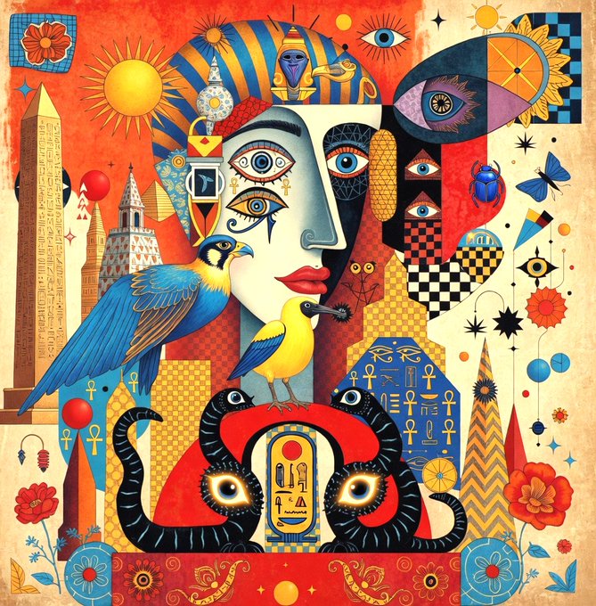 A vibrant, cubist-style artwork depicting an Egyptian pharaoh's face with multiple eyes, surrounded by birds, hieroglyphs, flowers, and pyramids.
