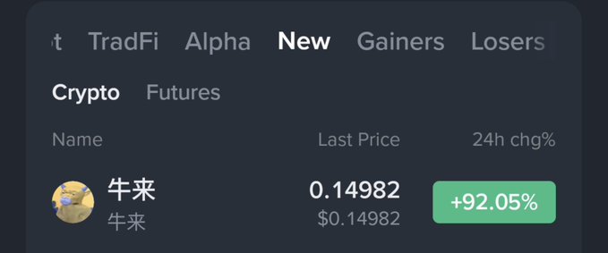 A cryptocurrency trading interface showing tabs for TradFi, Alpha, New, Gainers, Losers, Crypto, and Futures, with a listing for 牛来 (Niu Lai) priced at $0.14982 showing a +92.05% change.