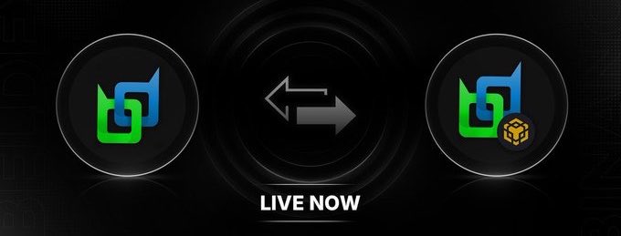 A black promotional graphic showing two overlapping logos with arrows between them and 'LIVE NOW' text at the bottom.