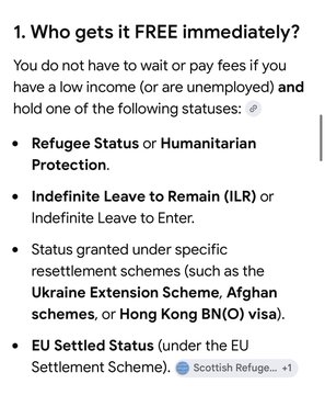 An informational text graphic titled '1. Who gets it FREE immediately?' detailing free visa/permit fees for individuals with Refugee Status, ILR, or specific schemes like the Ukraine Extension Scheme.