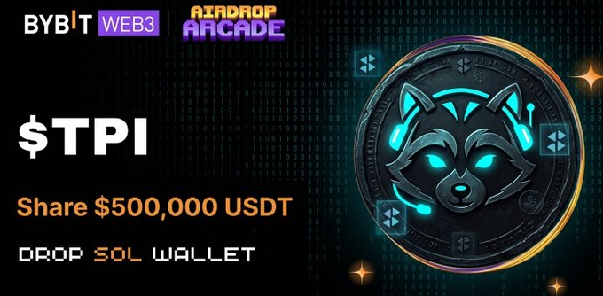 Promotional banner for the $TPI Airdrop Arcade on Bybit Web3, featuring a stylized wolf/fox coin design and advertising a $500,000 USDT prize pool, with instructions to drop a SOL wallet address for participation.