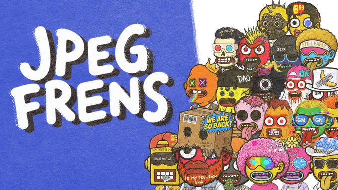 A graphic for 'JPEG FRENS' features colorful cartoon characters, skulls, and masks alongside bold white text on a blue background.