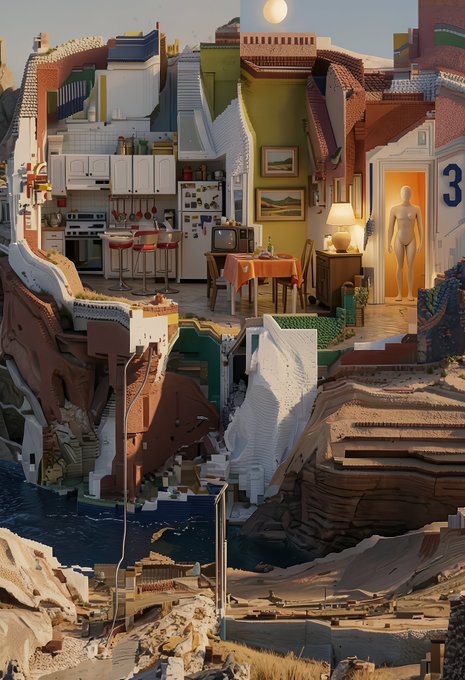 A surreal digital artwork depicts a cross-section of a cliffside home revealing multiple interior rooms, including a kitchen, dining area, and a doorway showing a mannequin, all built into rocky cliffs beside a body of water.