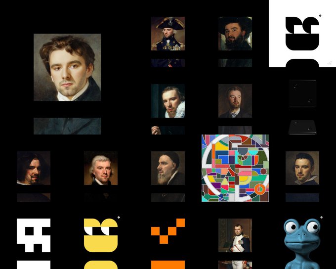 A grid displays various historical portraits and stylized logos on a black background, including figures resembling Van Gogh, Napoleon, Shakespeare, Beethoven, and Abe Lincoln, alongside abstract typography and a colorful geometric design.
