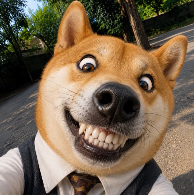 A close-up of a dog wearing a white shirt and tie with a wide, toothy grin, looking directly at the camera.