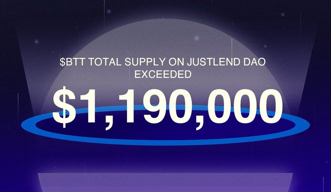 A dark space-themed graphic announcing '$BTT TOTAL SUPPLY ON JUSTLEND DAO EXCEEDED $1,190,000' in large white text.