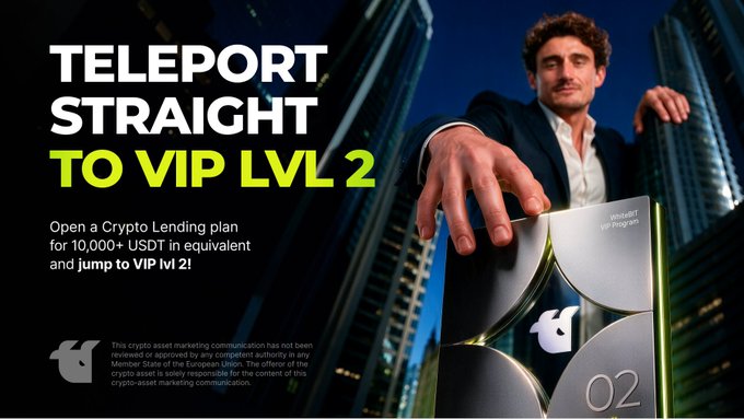 A promotional WhiteBIT ad featuring a confident man in a suit handing a VIP "02" metal card toward the viewer, with text reading "TELEPORT STRAIGHT TO VIP LVL 2" and offering a Crypto Lending plan worth 10,000+ USDT to instantly reach VIP Level 2, complementing the post's message about a limited-time VIP upgrade promotion.