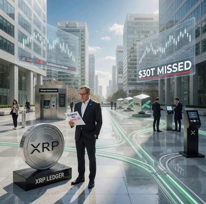 A digital composite shows a man in a suit holding a 'CLARITY' document in a futuristic city square featuring an 'XRP LEDGER' display, digital trading charts, and text reading '$30T MISSED'.