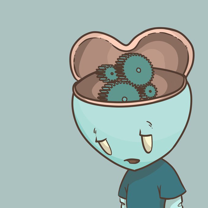 A cartoon character with an open head revealing colorful teal gears inside, symbolizing the "thinking" or mental mechanics behind appreciating art, fitting the post celebrating a new NFT holder joining the collection.