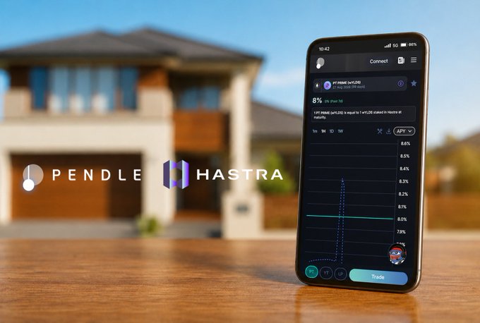 iphone displaying a dark blue screen with a green line and the text "Pendle Hashing" on a wooden table, with a house visible through a window in the background.