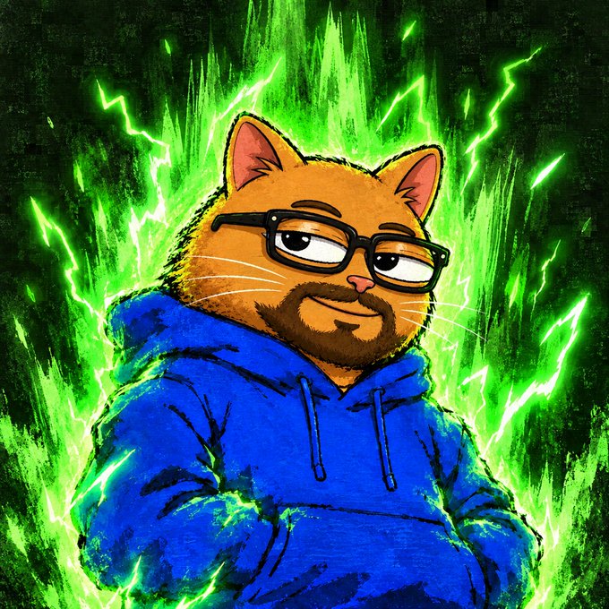An illustrated orange cat with a beard, glasses, and a blue hoodie stands against a dramatic background of green lightning.