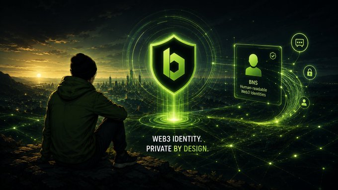 A person sits silhouetted at dusk overlooking a city with a futuristic green holographic shield and digital identity card floating above, labeled 'WEB3 IDENTITY. PRIVATE BY DESIGN' with 'BNS Human-Verifiable Web3 Identities' visible.