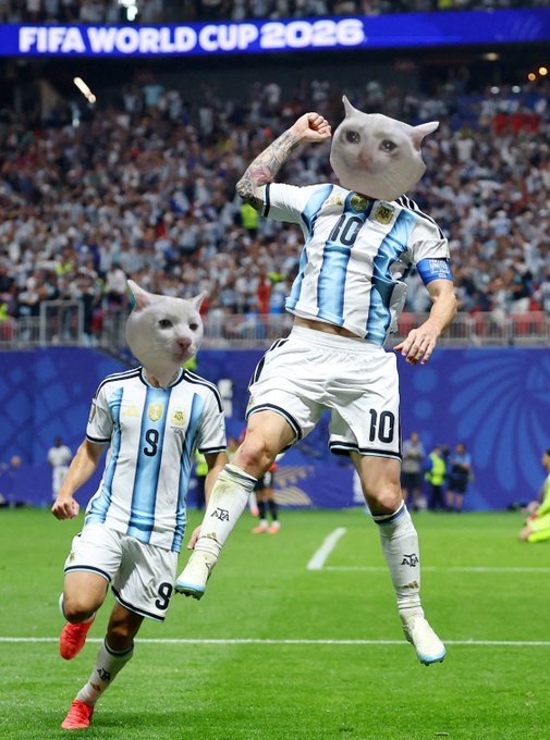 Two soccer players in Argentina jerseys (numbers 10 and 9) celebrate on a pitch under a 'FIFA WORLD CUP 2026' banner, with cat heads edited onto their bodies.
