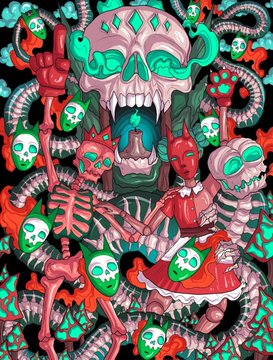A vibrant, surreal illustration depicts a large skull with green and pink accents surrounded by skeletons, demons, and smaller skulls in a chaotic, colorful composition.